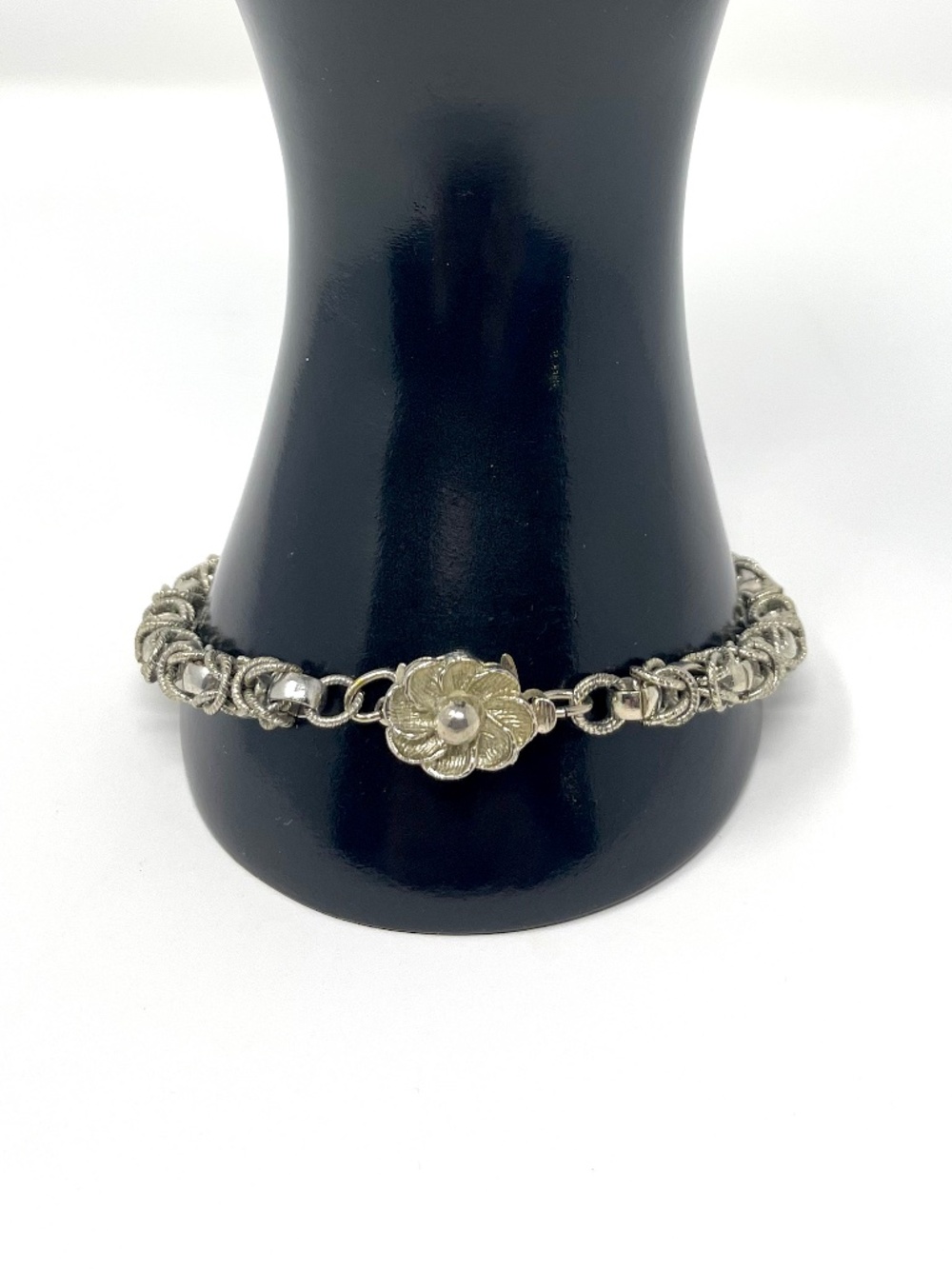 Vintage JAPAN Chunky Byzantine Bracelet Silver Tone Floral Clasp 9"